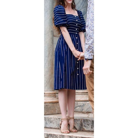 Vintage Wendy One Puff Sleeve Striped Midi Dress Button Down Size XS CottageCore - Picture 2 of 7